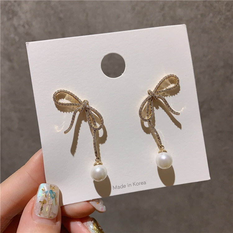 Bow knot diamond pearl long version super fairy earrings female South Korea Dongdaemun high-end ear needle net red temperament earrings