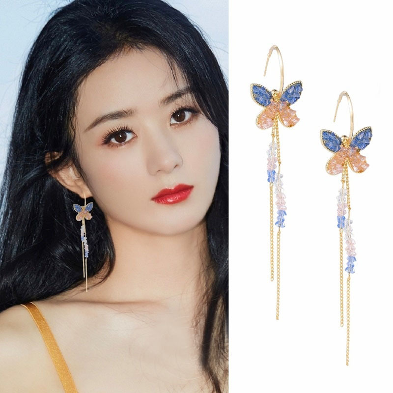925 silver needle net red temperament blue butterfly earrings super fairy diamond tassel long version earrings earrings female ear needle tide