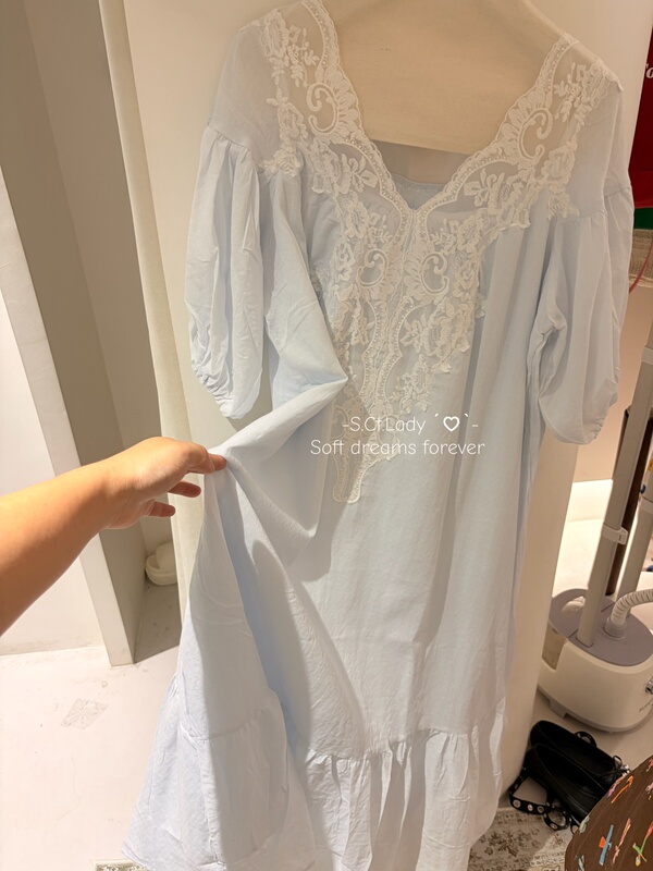French-Style Heavy Lace Nightgown, Summer High-Thread-Count Cotton with Lining, Puff Sleeves, Long Loose-Fitting Fairy-Style Home Sleepwear French-Style Heavy Lace Nightgown, Summer High-Thread-Count Cotton with Lining, Puff Sleeves, Long Loose-Fitting Fairy-Style Home Sleepwear