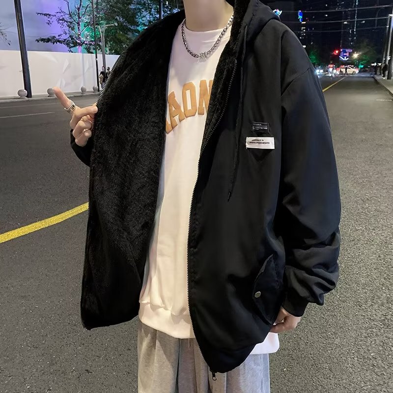 [Reversible] Autumn and Winter Trendy Jacket, Simple and Stylish, Korean Style, Versatile Lamb Wool Casual Hooded Jacket for Men