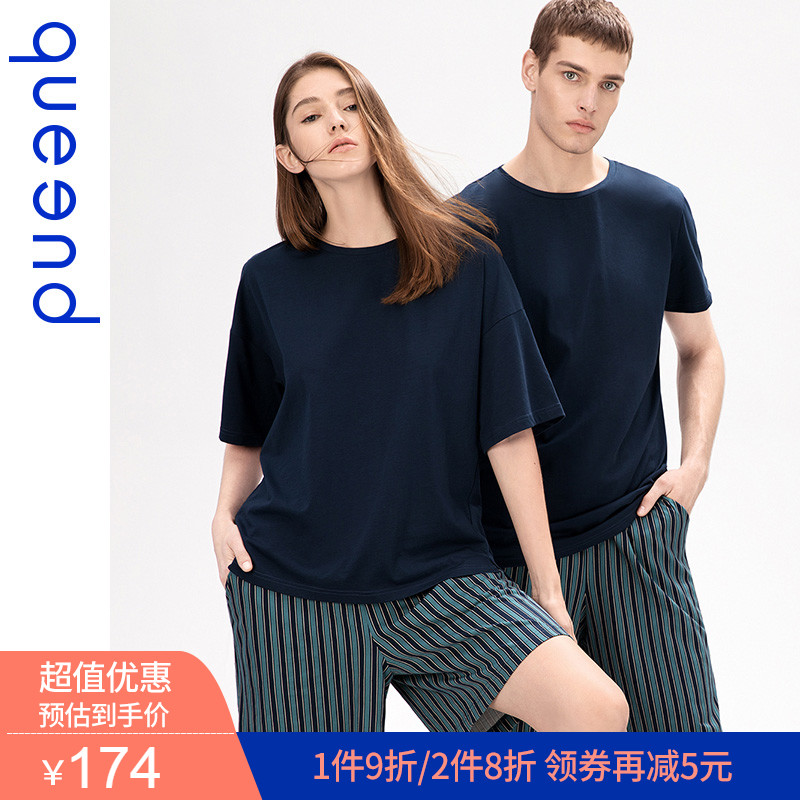 Chundo couple pajamas women's summer thin cotton striped short sleeve suit cotton home wear men's casual can go out
