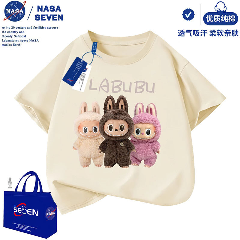 Одежда с принтом из ткани rab от совместного бренда NASA для мальчиков и девочек, футболка из чистого хлопка с короткими рукавами, летний детский топ с круглым вырезом и героями мультфильмов