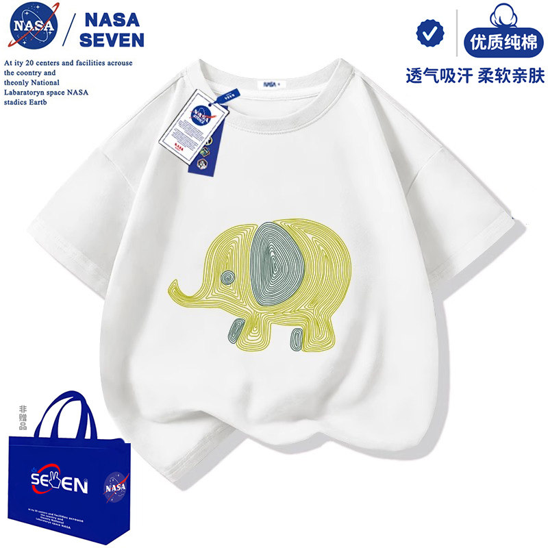 Детская футболка NASA со слоном и короткими рукавами из чистого хлопка, новинка лета 2025 года, летняя одежда для мальчиков и девочек в западном стиле, большие детские футболки с короткими рукавами