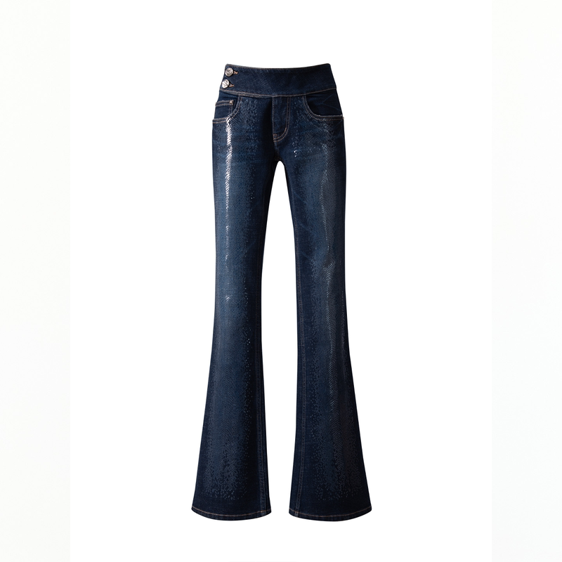 【Ning Yizhuo's Style】Jellojello Classic Snake Print Hot-Stamped Vintage Blue Low-Rise Flared Jeans