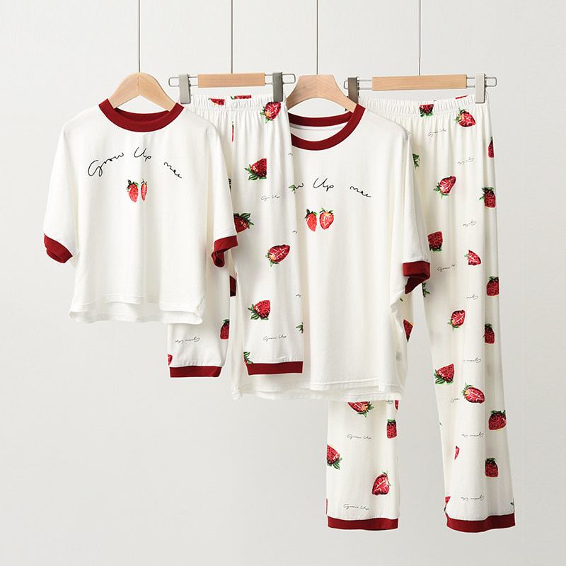 South Korean parent-child mother and mother female pyjamas girl's high-end pure cotton slim fit large child girl Summer suit Home Home Clothing