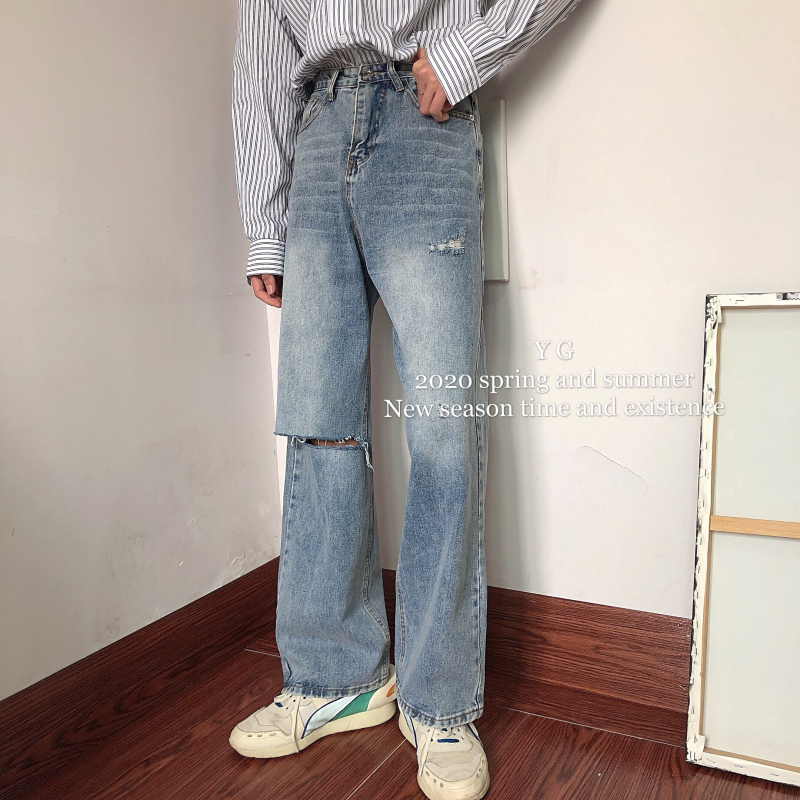 yghome Korean version of the retro light-colored hole jeans men's all-match drape wide-leg pants loose straight-leg mopping pants tide