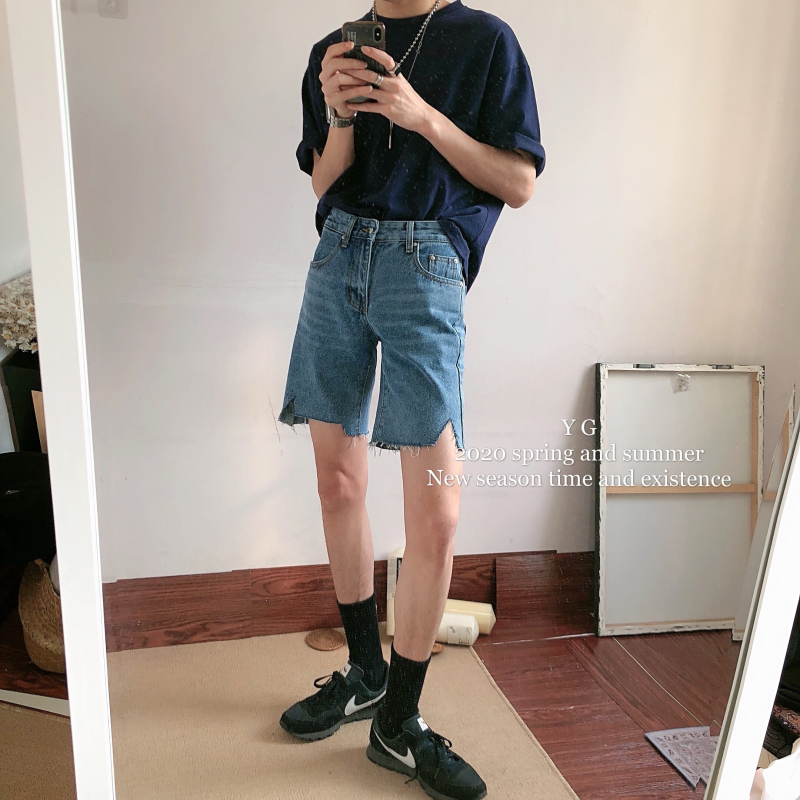 yghome 2020 summer new Korean version ins hole denim shorts men's straight loose casual five-point pants