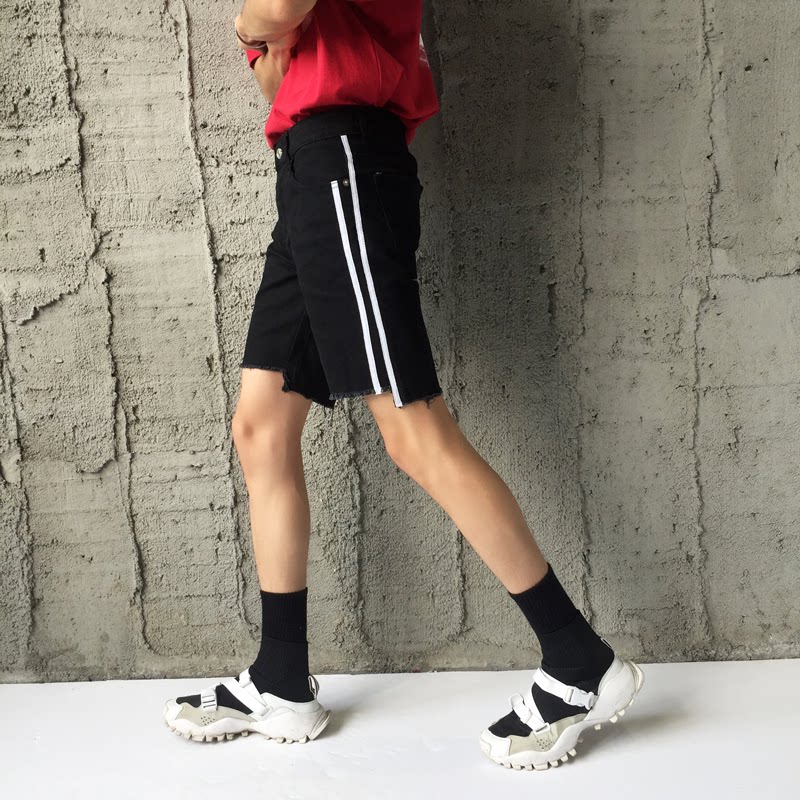 YG定制 男女款双杠牛仔裤五分裤韩版不规则缺口磨毛复古牛仔短裤