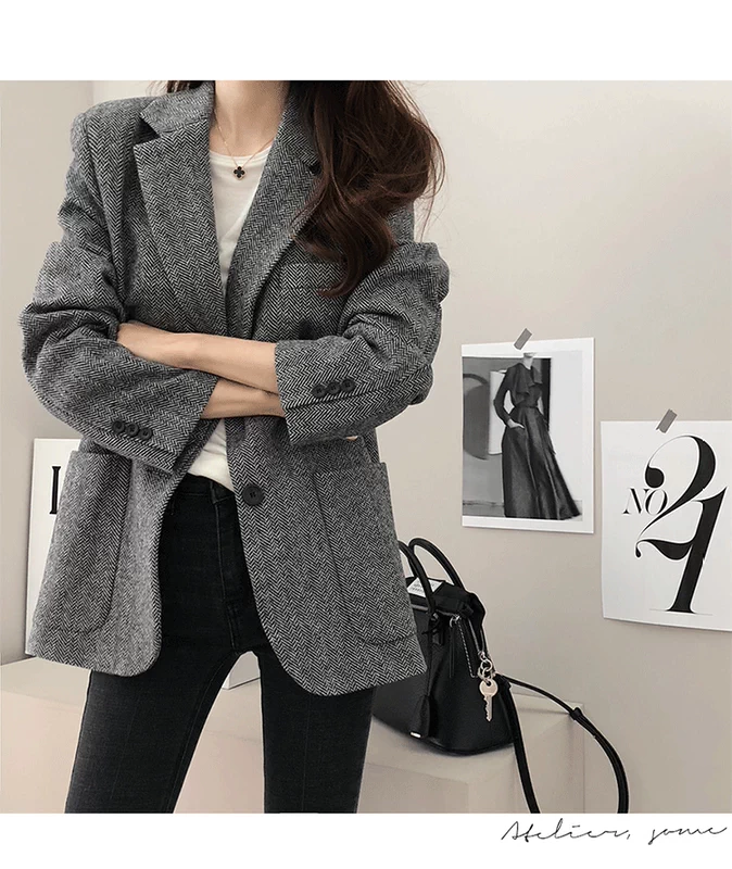 Bộ đồ xương cá phù hợp với nữ mùa xuân và mùa thu mới chic chic áo len dài retro - Accentuated eo áo áo dạ nữ dài