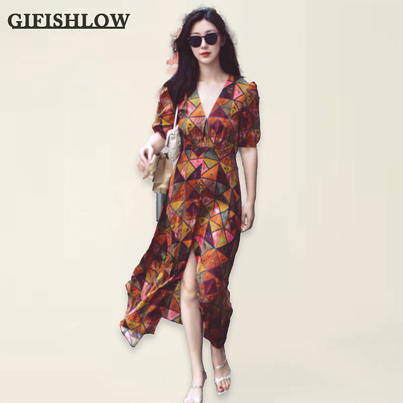 【Ji Fei Shi Luo】Hong Kong Authentic Celebrity Zhu Zhu's Same Style Retro Geometric Color-Blocking Printed Puff Sleeve Dress 【Ji Fei Shi Luo】Hong Kong Authentic Celebrity Zhu Zhu's Same Style Retro Geometric Color-Blocking Printed Puff Sleeve Dress