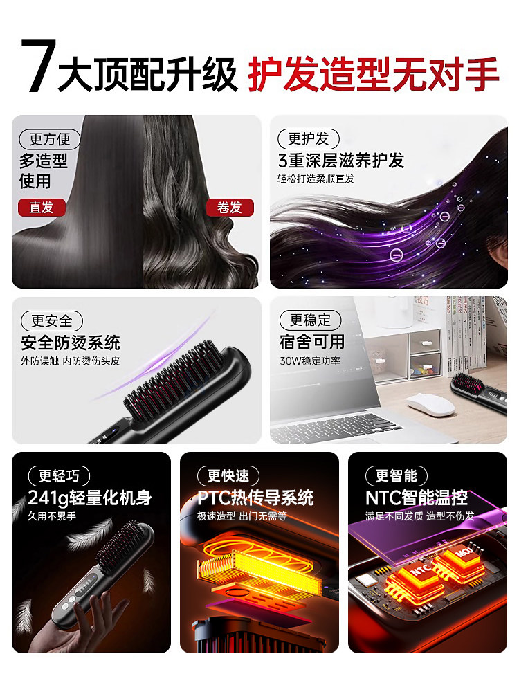 Negative Ion Wireless Hair Straightening Comb, Does Not Damage Hair, Portable Straightening and Curling Dual-Use Flat Iron, Curling Wand, Volumizing, High Crown, Anti-Scald