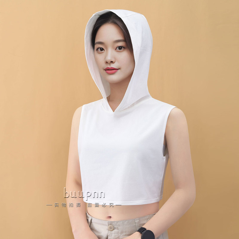 Sleeveless Hooded Vest for Women, Short Hoodie with Hood, Cotton Base Layer Top