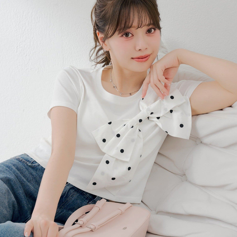 Ch0529 Weekend Pear Fragrance Ribbon Big Bow Short Sleeve Cropped T-Shirt 26 Summer Women