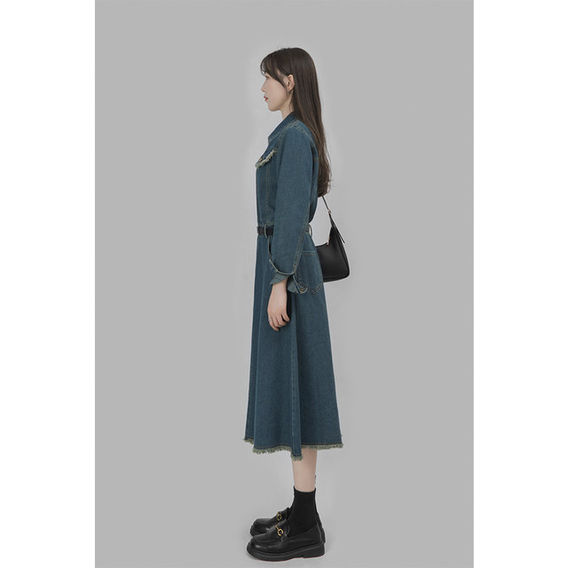 WAVYEGG wavy egg waist slimming denim dress raw edge shirt skirt women's design niche mid-length skirt