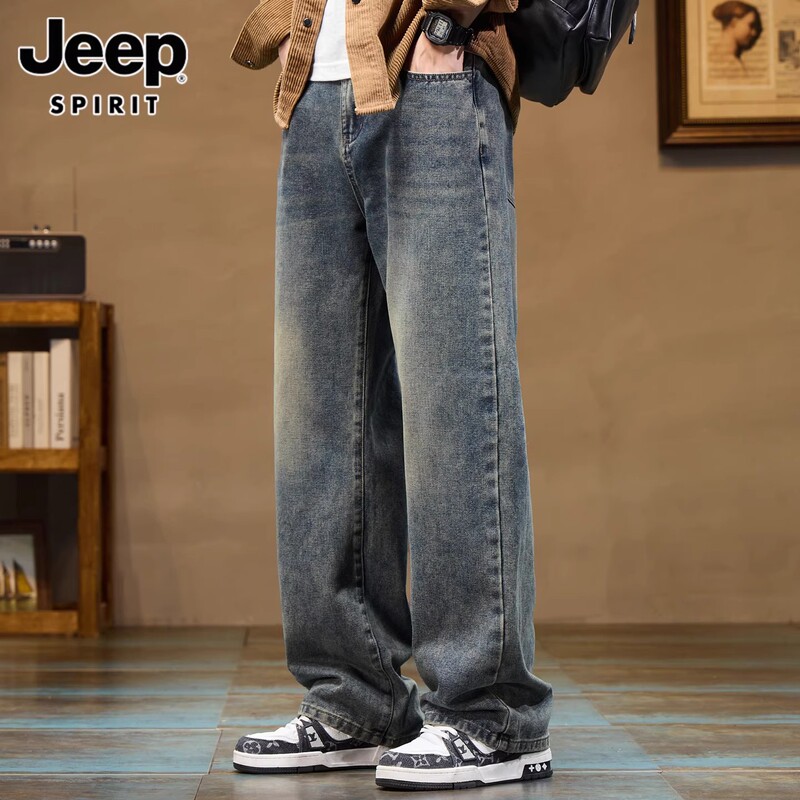 Jeep Spirit Jeans Men's Autumn and Winter Trendy Brand American Retro Wide-Leg Loose Straight Long Pants for Men