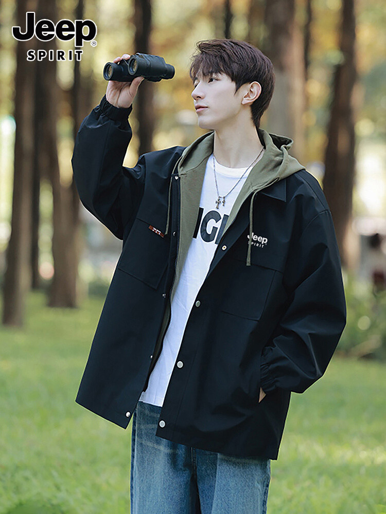 Jeep Spirit Jacket Men's New Autumn Style Fake Two-Piece Loose Large Size Hooded Windbreaker Men's Style