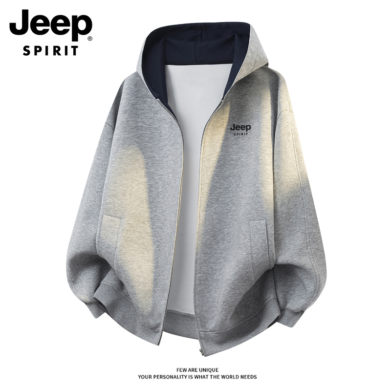 Jeep Spirit Spring New Hooded Cardigan Sweatshirt for Men, Loose Casual Long-Sleeved Thick Jacket Top for Men