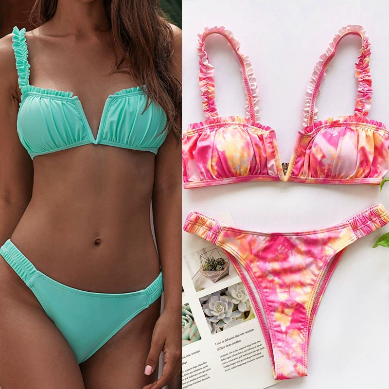 New nữ 2020 màu gradient cổ chữ V xù bikini tam giác xẻ trái cây áo tắm xẻ tà cá tính - Bikinis