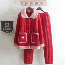 Winter womens cotton padded warm pajamas red casual three-layer coral velvet lapel home suit set two