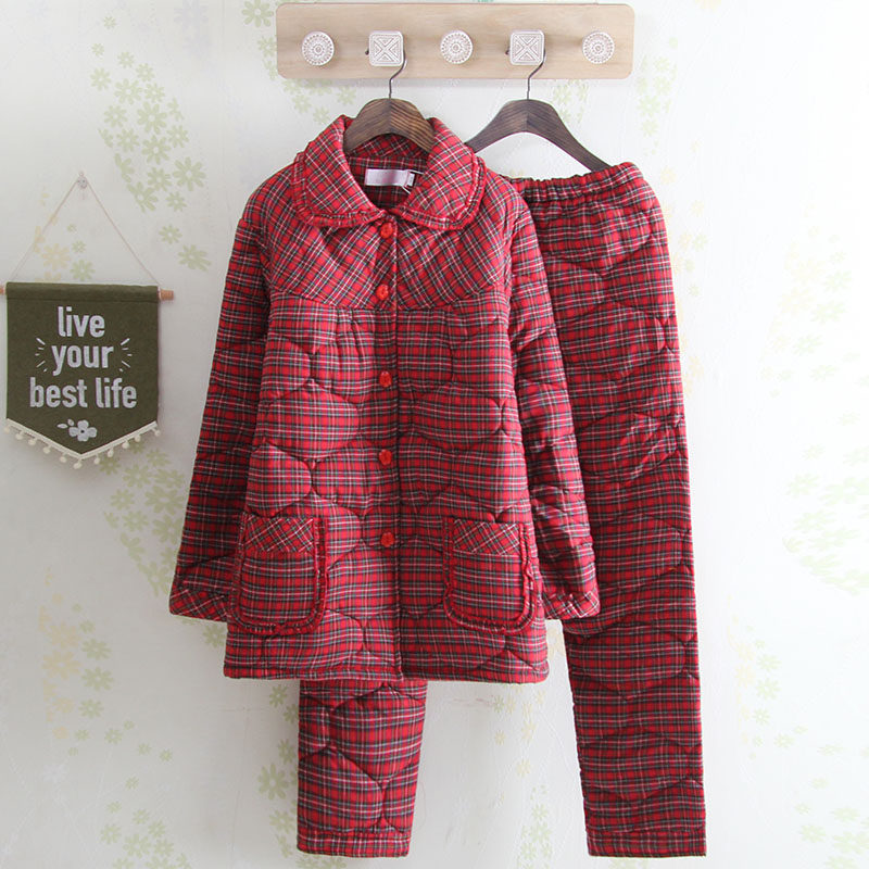 100% pure cotton autumn and winter ladies thick quilted pajamas middle-aged mother three-layer cotton home service suit thick