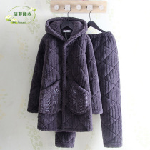 Hooded coral fleece quilted mens winter pajamas casual thickened three-layer warm solid color flannel homewear set