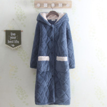 Even cap pure color Long lady Thickened Clip Cotton Sleeping Robe Triple thickened Coral Suede Warm Pyjamas Girls Bathrobe