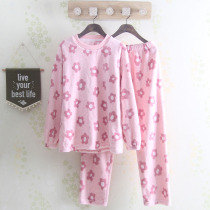 Ladies casual home wear padded velvet flannel coral velvet round neck autumn and winter pajamas long sleeve cartoon set