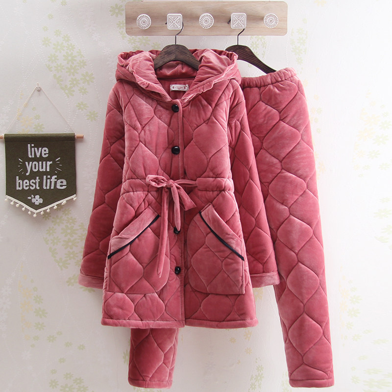 Mid-length version thickened winter solid color hooded beibei fleece cotton pajamas ladies maternity confinement clothes home service suit