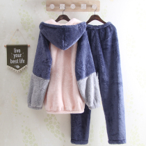 Autumn and winter couple thick coral velvet hooded cardigan pajamas warm flannel men and women Korean home clothing set
