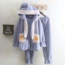 Pajamas Dalian Hat Pure Color Cute Girl Thicken Plus Suede Sheep Lamb Suede Double Autumn Winter Home Suit Suit