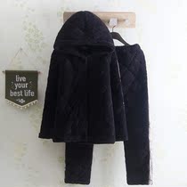 Hooded thick three-layer cotton warm pajamas for men and women couples winter solid color fashion coral velvet home suit
