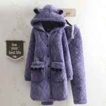 Winter hooded extended ladies dressing gown long hooded coral velvet cotton plus velvet home suit thick