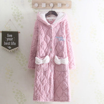 Winter three-layer thick girl pink tender plus velvet warm hooded long pajamas womens nightgown coral velvet bathrobe