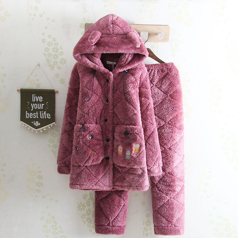 Winter three-layer thickened quilted hooded mid-length women's pajamas Korean style casual plus velvet warm personalized home service
