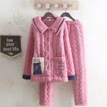 Winter lovely fresh thick Lady coral velvet cotton pajamas students wear plus velvet warm home clothing set
