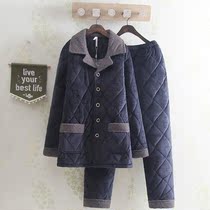 High-grade mens winter pajamas solid color fashion padded velvet beetle cotton three-layer warm home clothing set