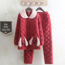 Korean Version Personality Winter Triple thickened clip cotton lady Coral Suede Warm Cartoon Cute Turned collar Home Residence Suit Suit