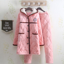 Cartoon hooded long ears thickened winter ladies cute pajamas beveler cotton students home clothing set women