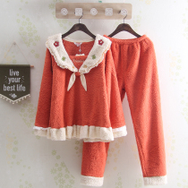 High-grade sweet little Princess Lady thick autumn and winter pajamas solid color sweet flannel warm home suit