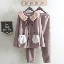 Pajamas female Korean version of loose padded velvet warm home clothing autumn and winter sweet bubble bear lady suit