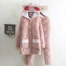 Even cap thickened clip cotton lady winter pyjamas long style loose version pure color cartoon plus suede coral suede home clothes