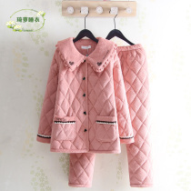 Korean version of the casual large lapel ladies thickened plus velvet coral fleece quilted pajamas sweet warm cotton jacket home service set
