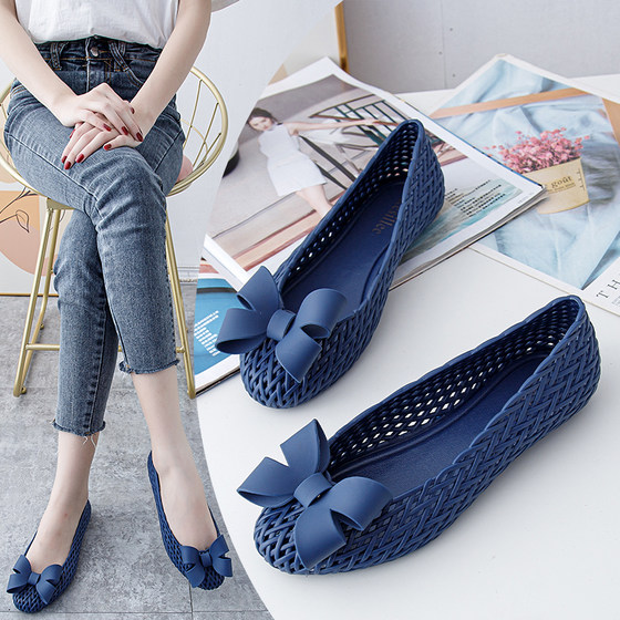 2023 Summer Bow Tie Waterproof Hollow Hole Rain Shoes Women's Flat Heel Flat Rubber Shoes Casual Soft Surface Beach Shoes