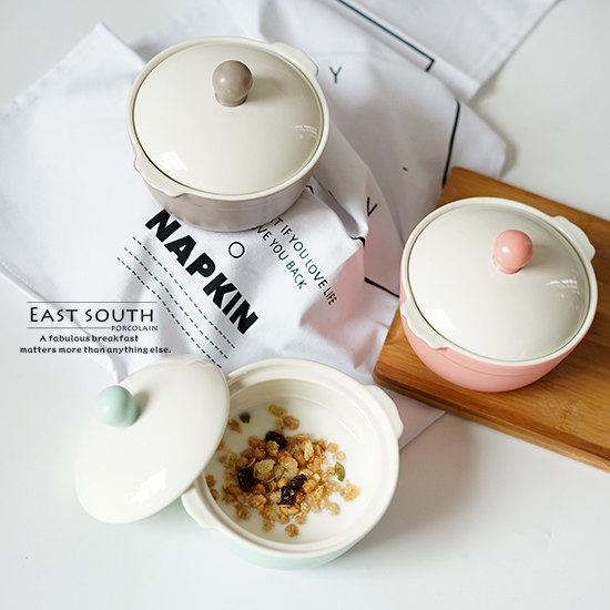 Southeast corner frosted matt color ceramic pudding bowl with lid with ear child cover bowl breakfast refreshment Bowl Stew Bowl