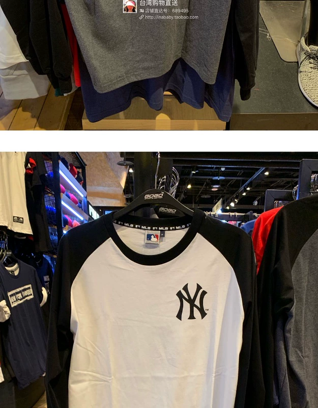 Đài Loan mlb Yankees mùa xuân và mùa thu cotton mới cổ tròn T NY nam và nữ giản dị in áo thun dài tay - Áo phông dài