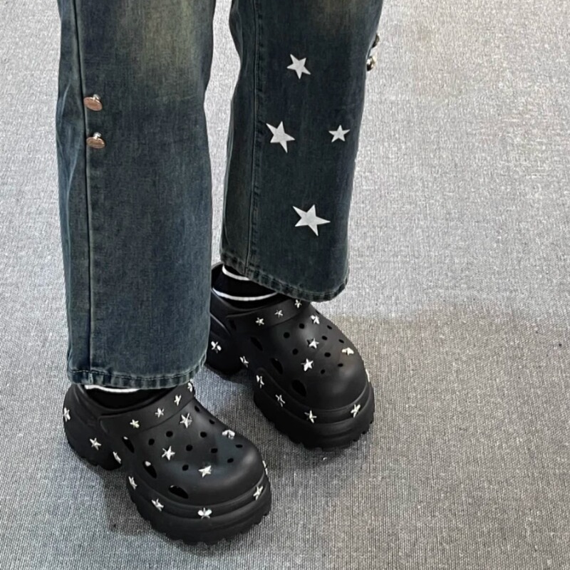 Women's High-Heeled Perforated Shoes with Thick Soles for Height Increase, Arch Support, Star-Patterned Closed-Toe Sandals for Summer Outdoor Wear