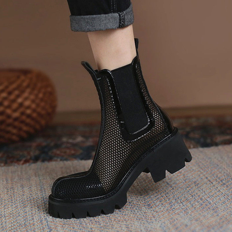 Mesh boots women's summer breathable hollow mesh short boots leather thick-soled Martin boots high-heeled thin Chelsea boots black - Taobao