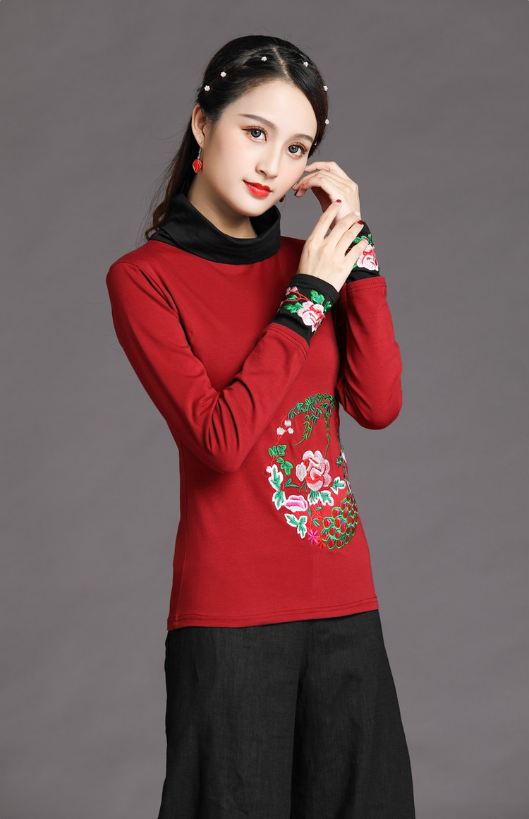 Phong cách dân tộc phụ nữ mùa thu đông mùa đông Phong cách thêu Trung Quốc dài tay thêu áo thun cotton kích thước lớn khâu cổ áo cao đáy áo kiểu nữ đẹp 2020