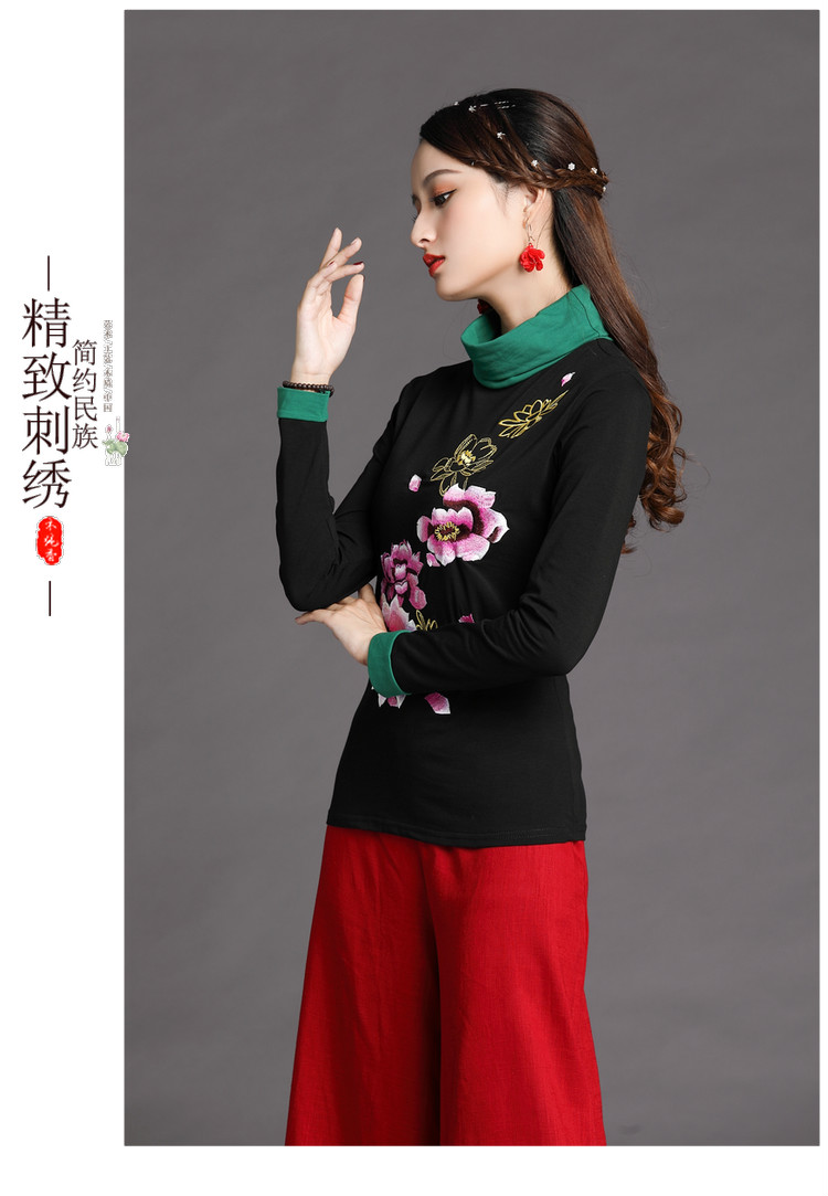 Phong cách dân tộc mùa thu của phụ nữ Áo thêu cổ cao tay dài chạm đáy Áo thêu hàng đầu Nối quần áo giảm béo cỡ lớn Áo thun nữ áo thun tay dài nữ form rộng
