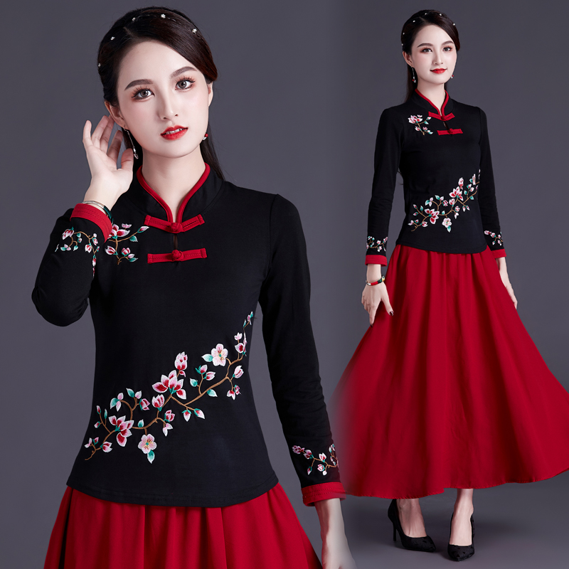 Новая вышитая блузка в этническом стиле, хлопковая футболка с длинными рукавами, женская рубашка в китайском стиле ретро большого размера